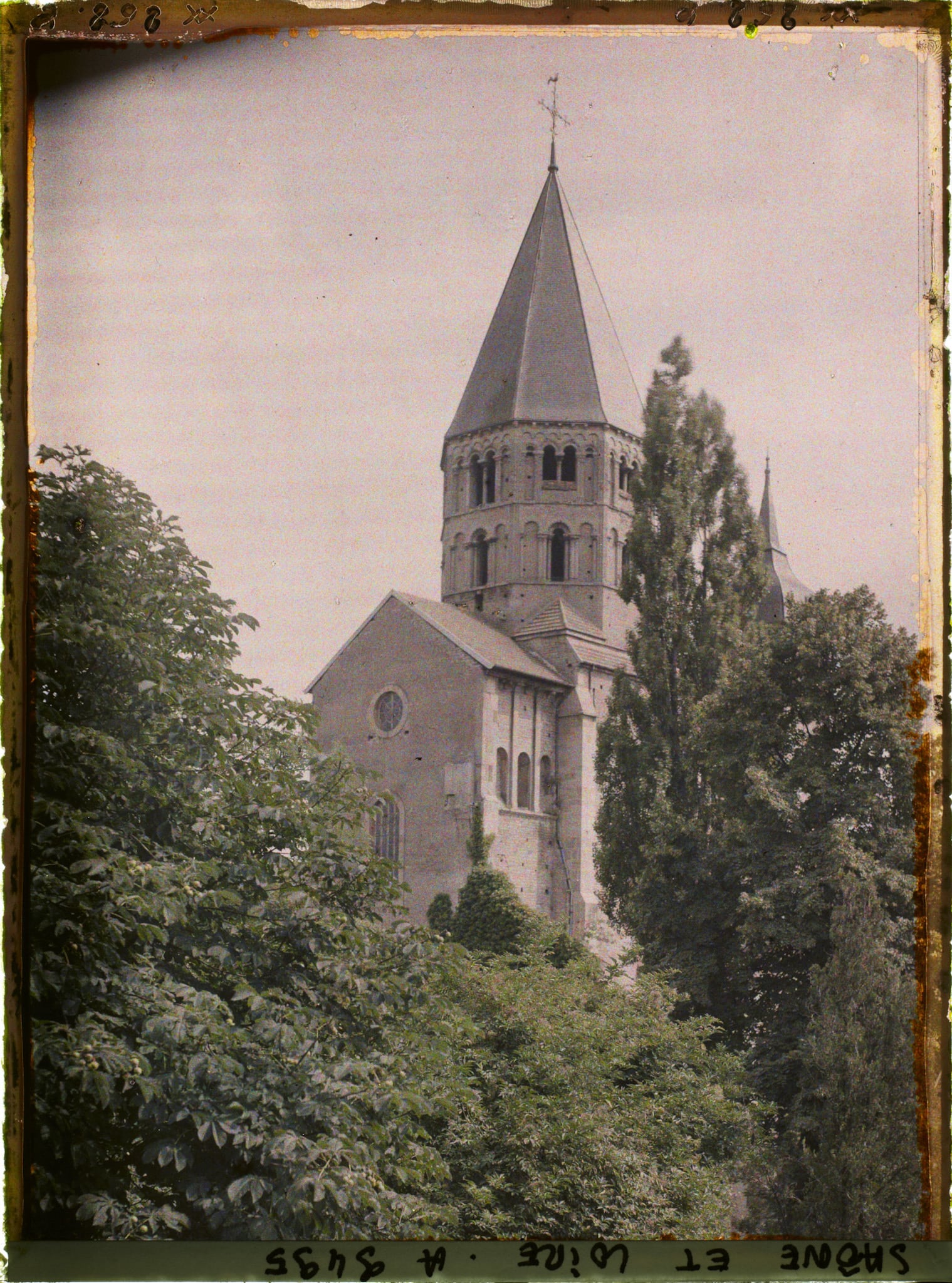 Autochrome ancien : la haute tour octogonale du clocher de l’Eau Bénite de Cluny, à étages d’arcades et toiture pyramidale, émergeant des arbres au-dessus du pignon du transept
