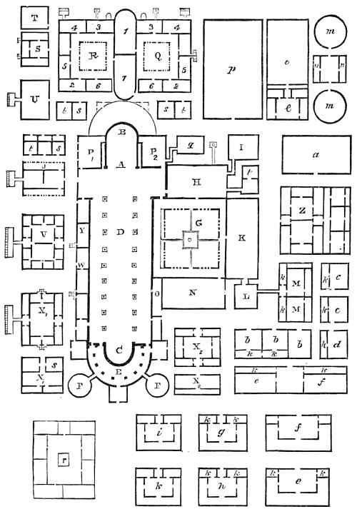 Plan schématique gravé d’une abbaye : au centre le cloître carré, l’église à nef flanquée d’absides en haut et en bas, entourée d’un semis de bâtiments réguliers légendés par des lettres