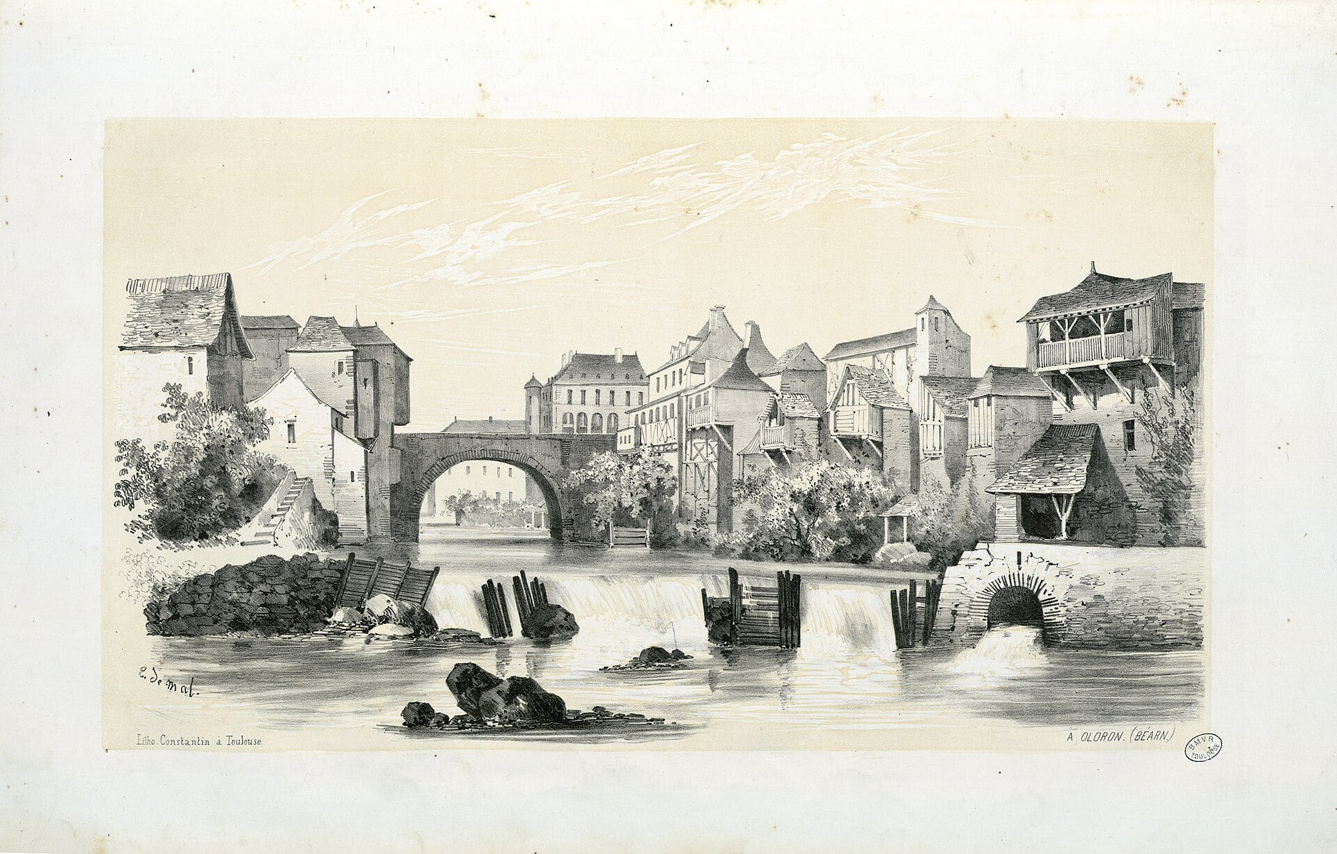 Gravure ancienne d’Oloron : maisons et pont sur le gave