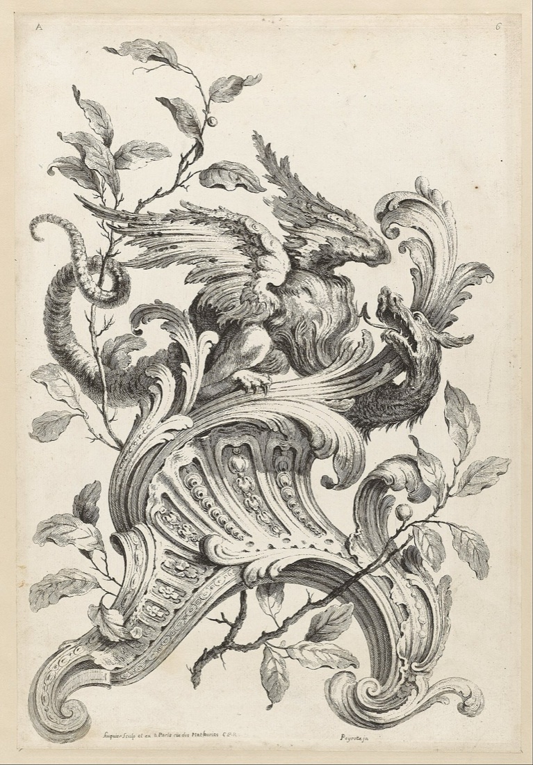 Gravure d’ornement du XVIIIᵉ siècle par Alexis Peyrotte : un griffon ailé posé sur une console de rocaille, entouré de coquilles et de rinceaux, modèle destiné aux sculpteurs.