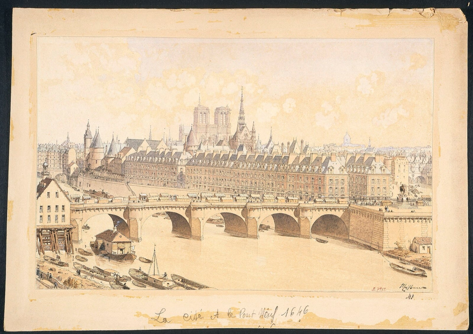 Façades de brique et de pierre de la Place Dauphine à Paris, chaînages clairs sur mur rouge