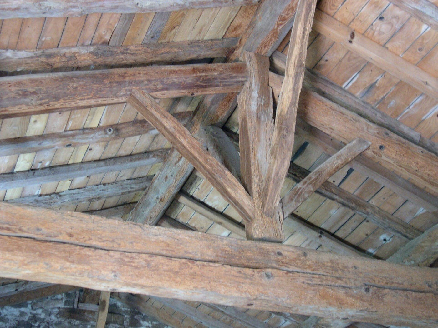 Gros plan sur des bois de charpente en chêne équarris : cernes et aubier visibles, assemblage à tenon et mortaise bloqué par une cheville de bois.