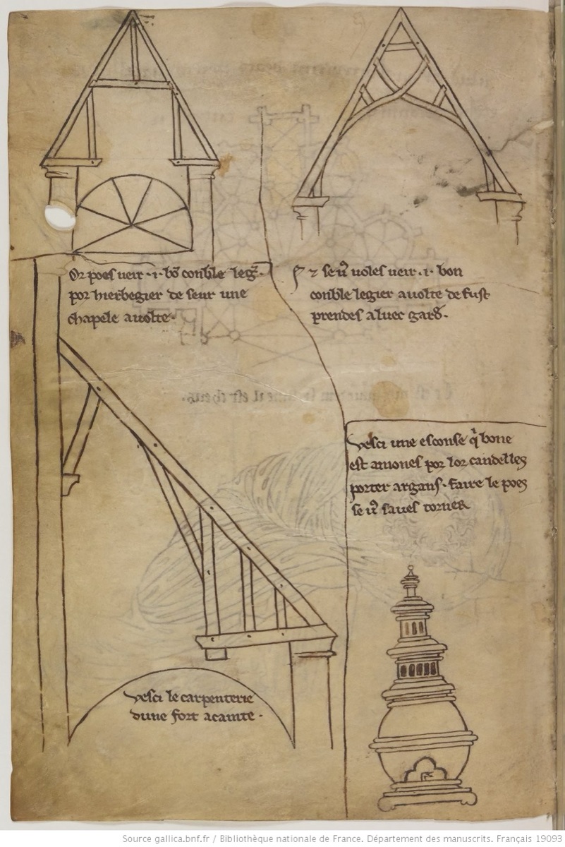 Dessin médiéval de charpente extrait du carnet de Villard de Honnecourt : tracé à main levée d’une structure de bois assemblée.