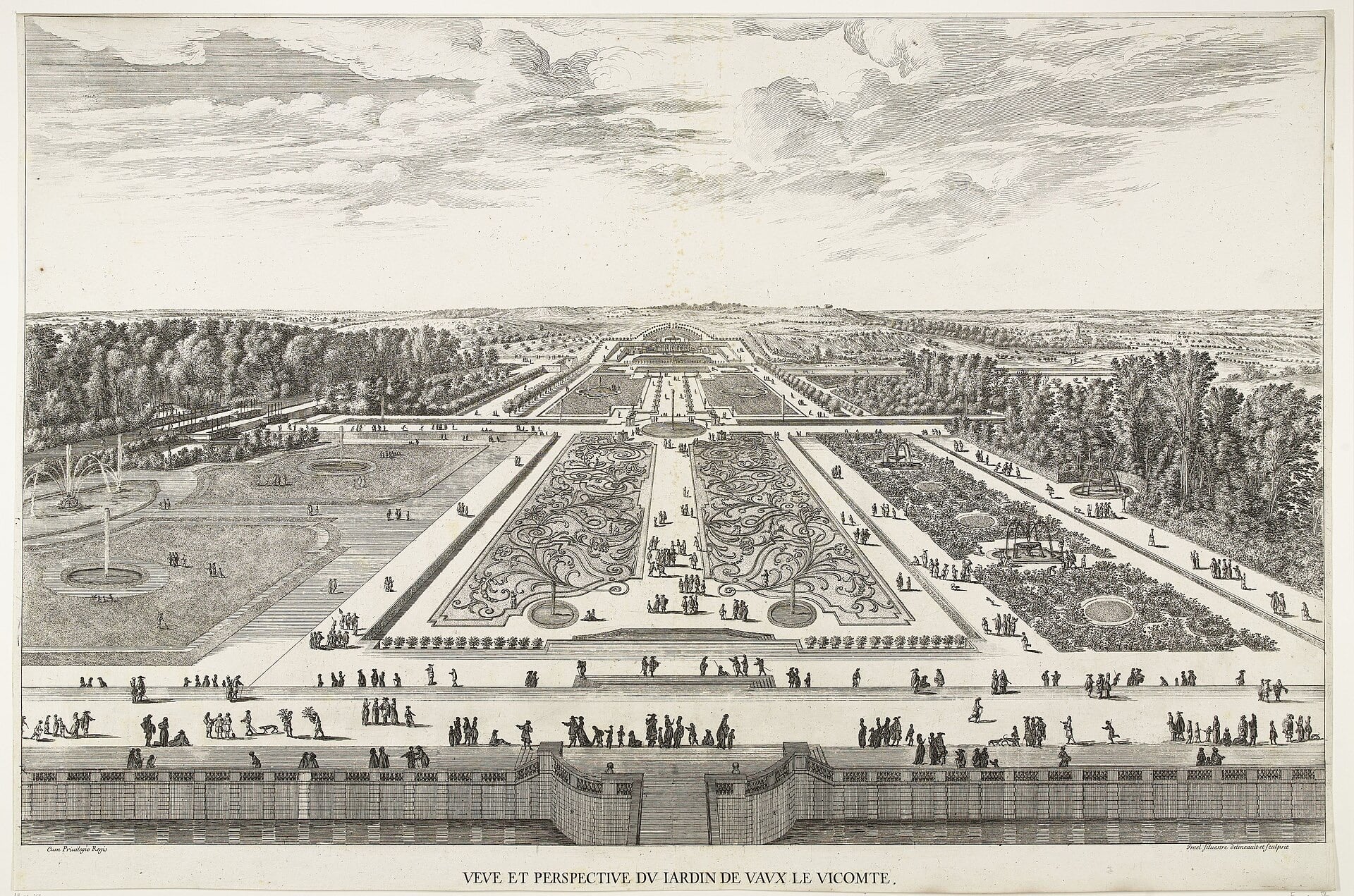 Gravure d’Israël Silvestre : vue à vol d’oiseau des jardins de Vaux-le-Vicomte, vastes parterres de broderie de buis, bassins, allées et perspective fuyant vers l’horizon, foule de promeneurs