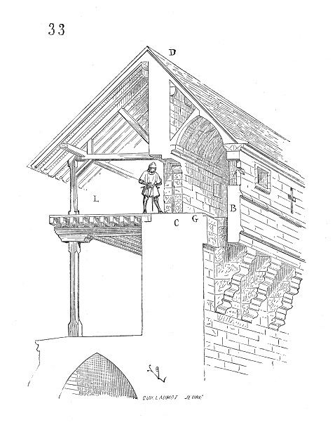 Gravure ancienne en coupe : galerie de charpente (hourd) saillant au sommet d’un mur de pierre, avec un défenseur à l’abri de l’auvent et le plancher porté par des poutres