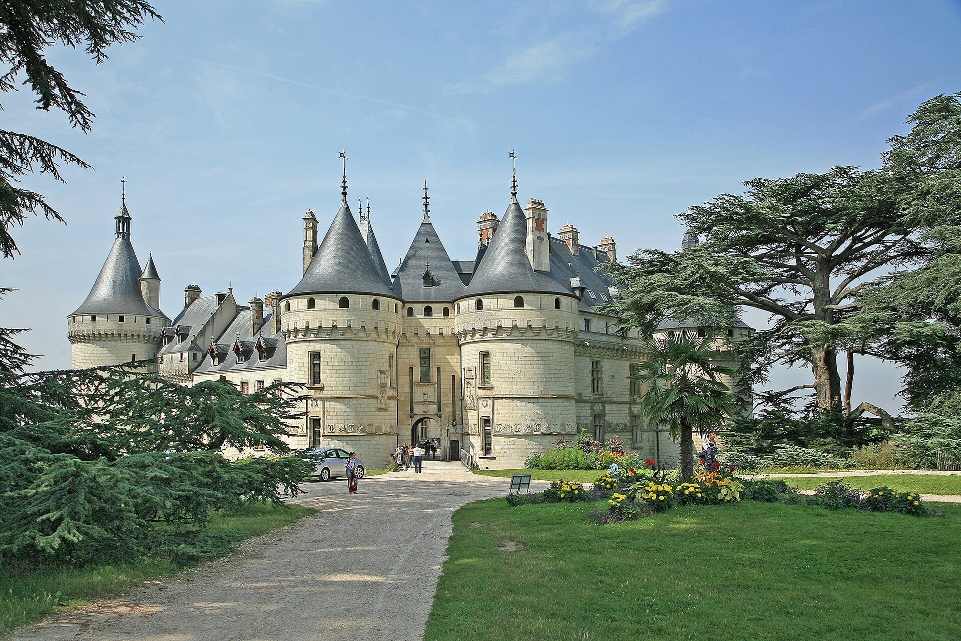 Château de Chaumont-sur-Loire : châtelet d’entrée flanqué de grosses tours rondes à toits coniques d’ardoise, cordon de faux mâchicoulis, cèdre au premier plan