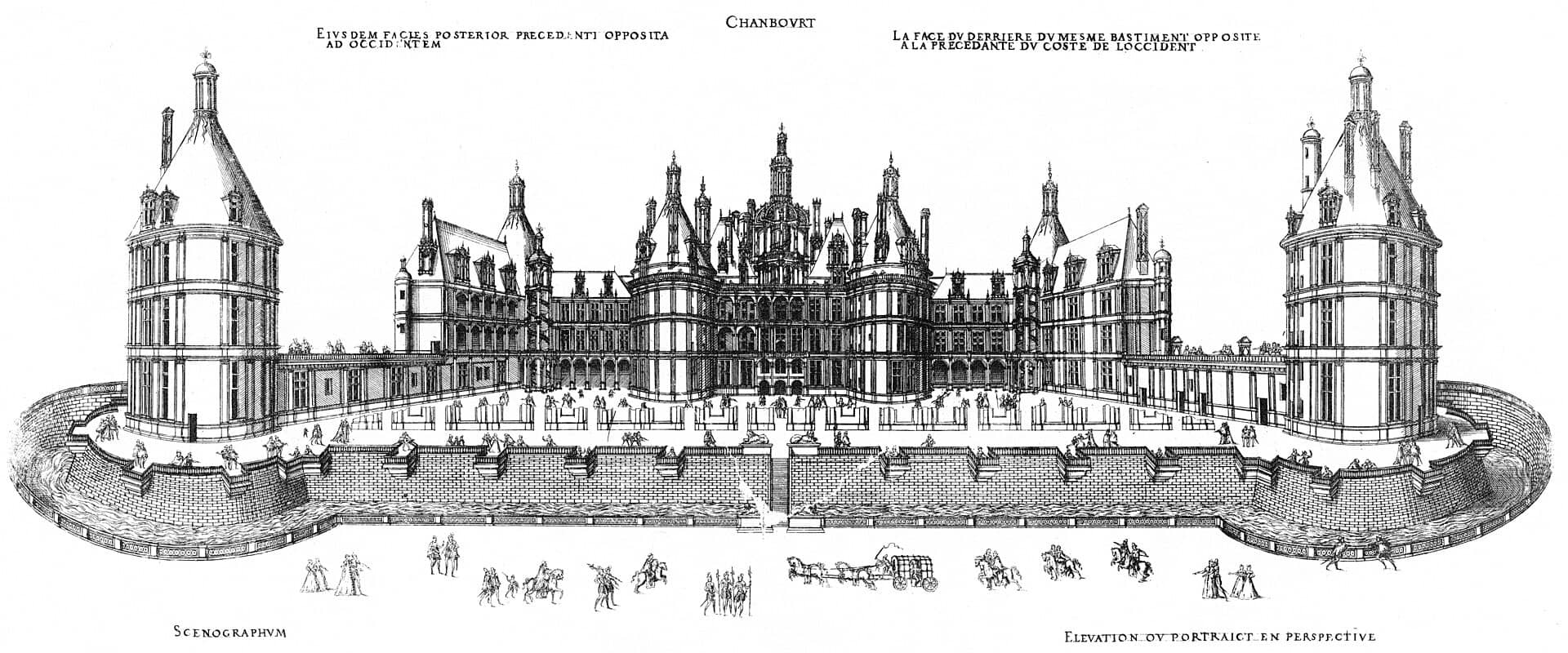 Gravure ancienne : vue perspective du château de Chambord, donjon central à lanterne, tours d’angle et enceinte basse, personnages, cavaliers et carrosses au premier plan