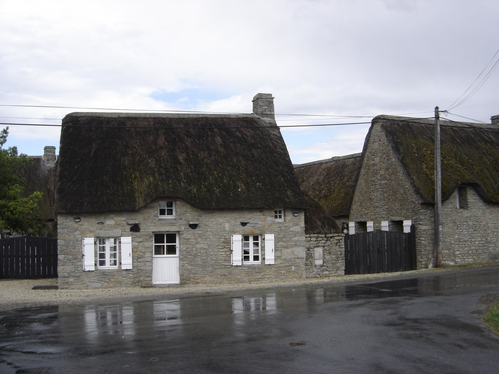 Deux chaumières de la Grande Brière aux murs bas de pierre et toits de roseau à forte pente, sous un ciel gris