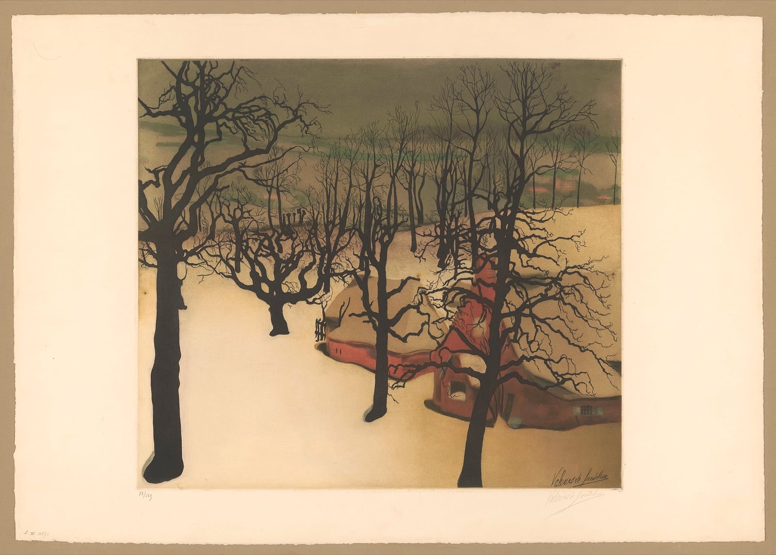 Aquatinte en couleurs figurant des chaumières au toit de roseau sous la neige, arbres nus au premier plan