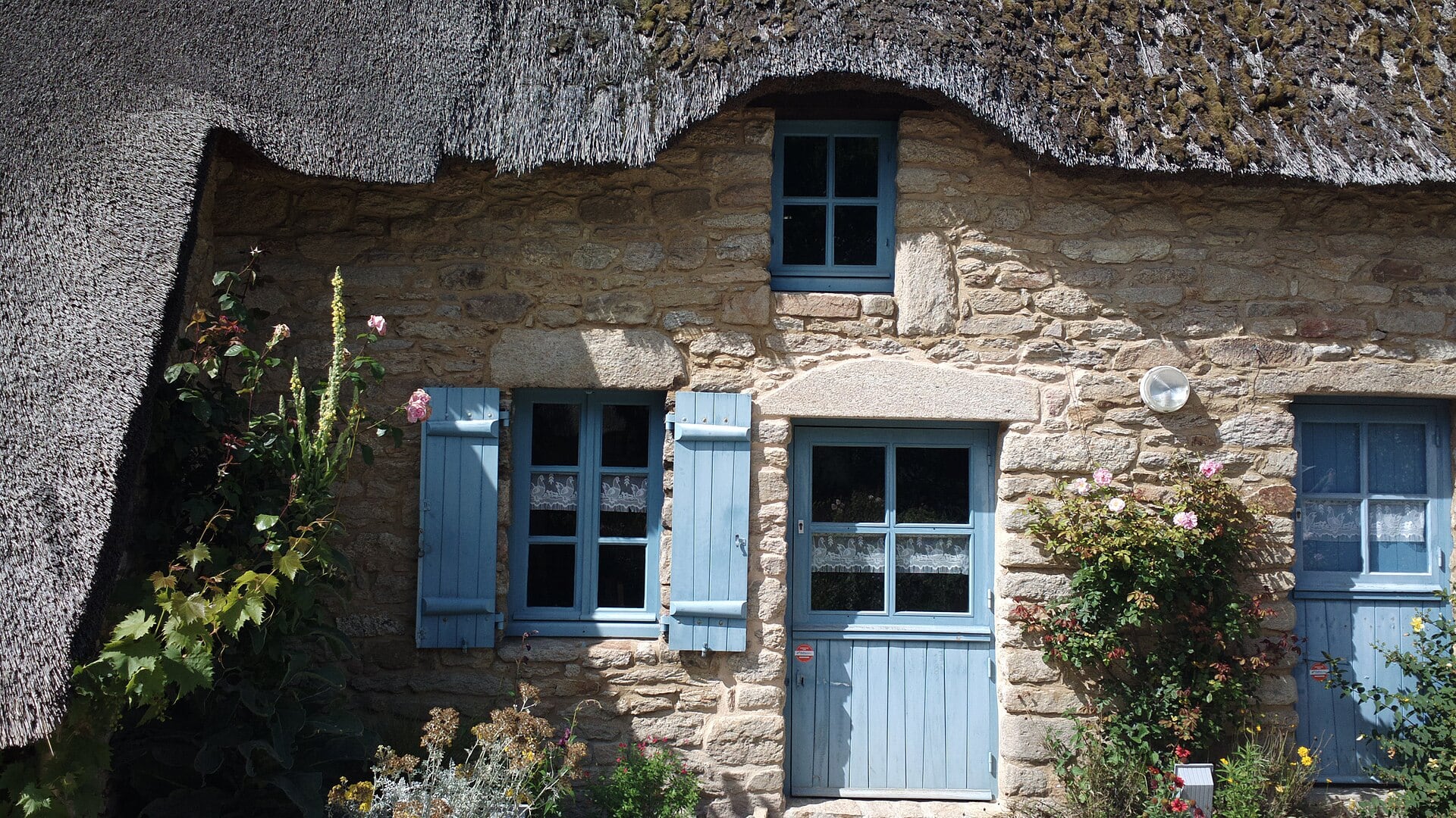 Chaumière de pierre à volets bleus et roses trémières à Kerhinet, en Brière