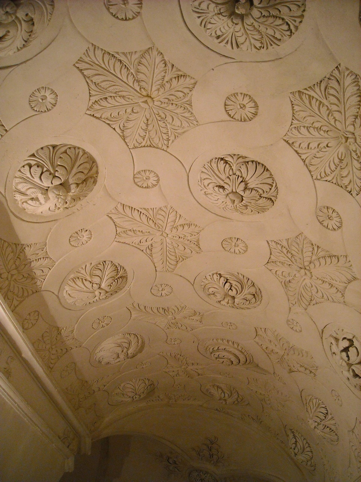 Plafond voûté orné de gypseries, rosaces et feuillages moulés en relief