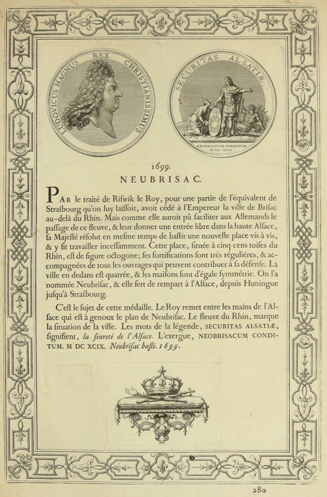 Page gravée de 1723 consacrée à la fondation de Neubrisac en 1699 : deux médailles, l’une au profil de Louis XIV, l’autre à une scène allégorique, surmontant un texte explicatif encadré d’ornements.