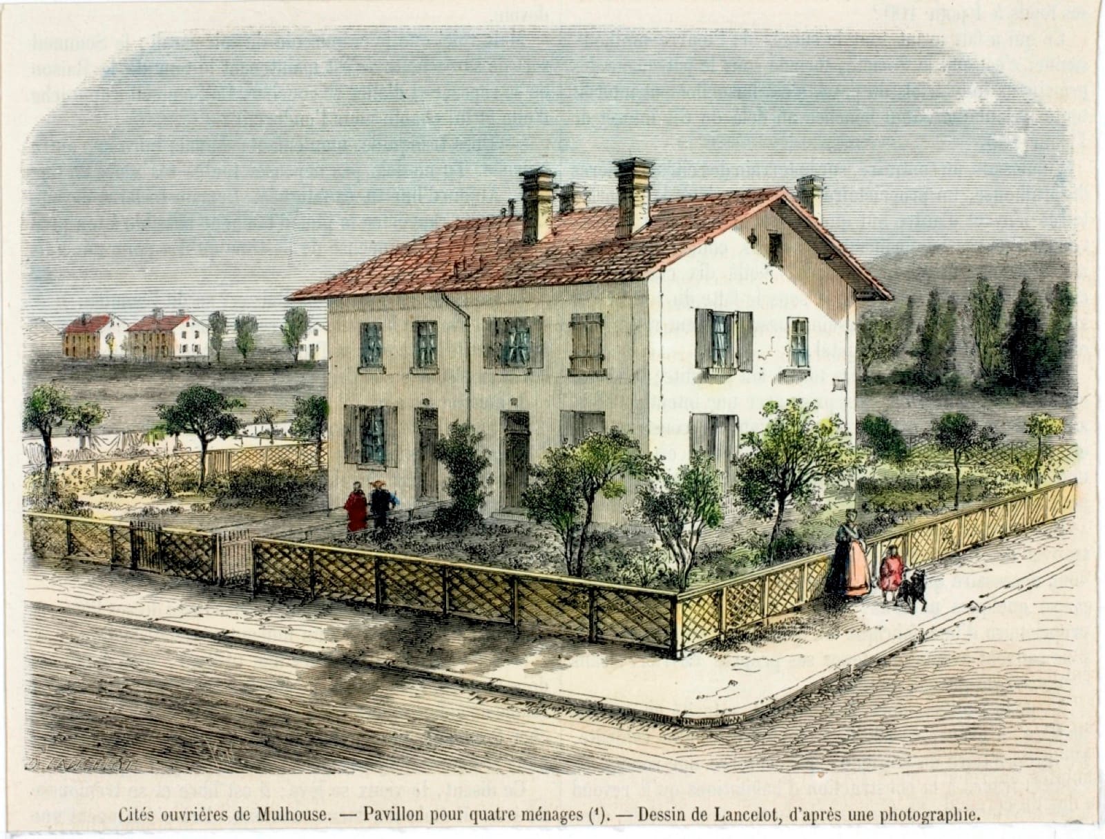 Gravure de 1855 légendée « Cités ouvrières de Mulhouse — Pavillon pour quatre ménages », montrant un pavillon et son jardin clôturé