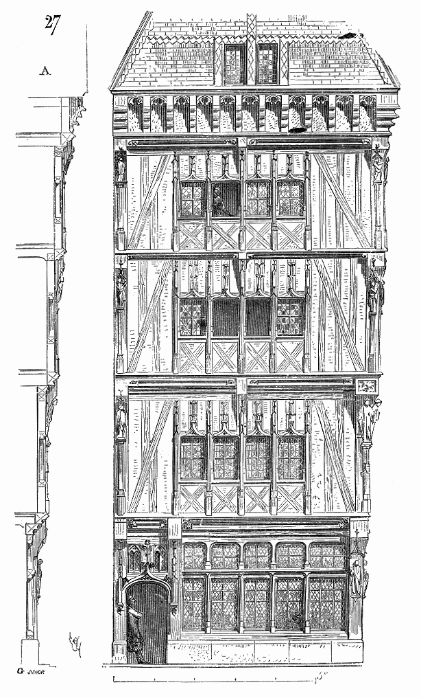 Gravure de Viollet-le-Duc : élévation et coupe d’une maison à pans de bois, montrant l’ossature et les encorbellements successifs