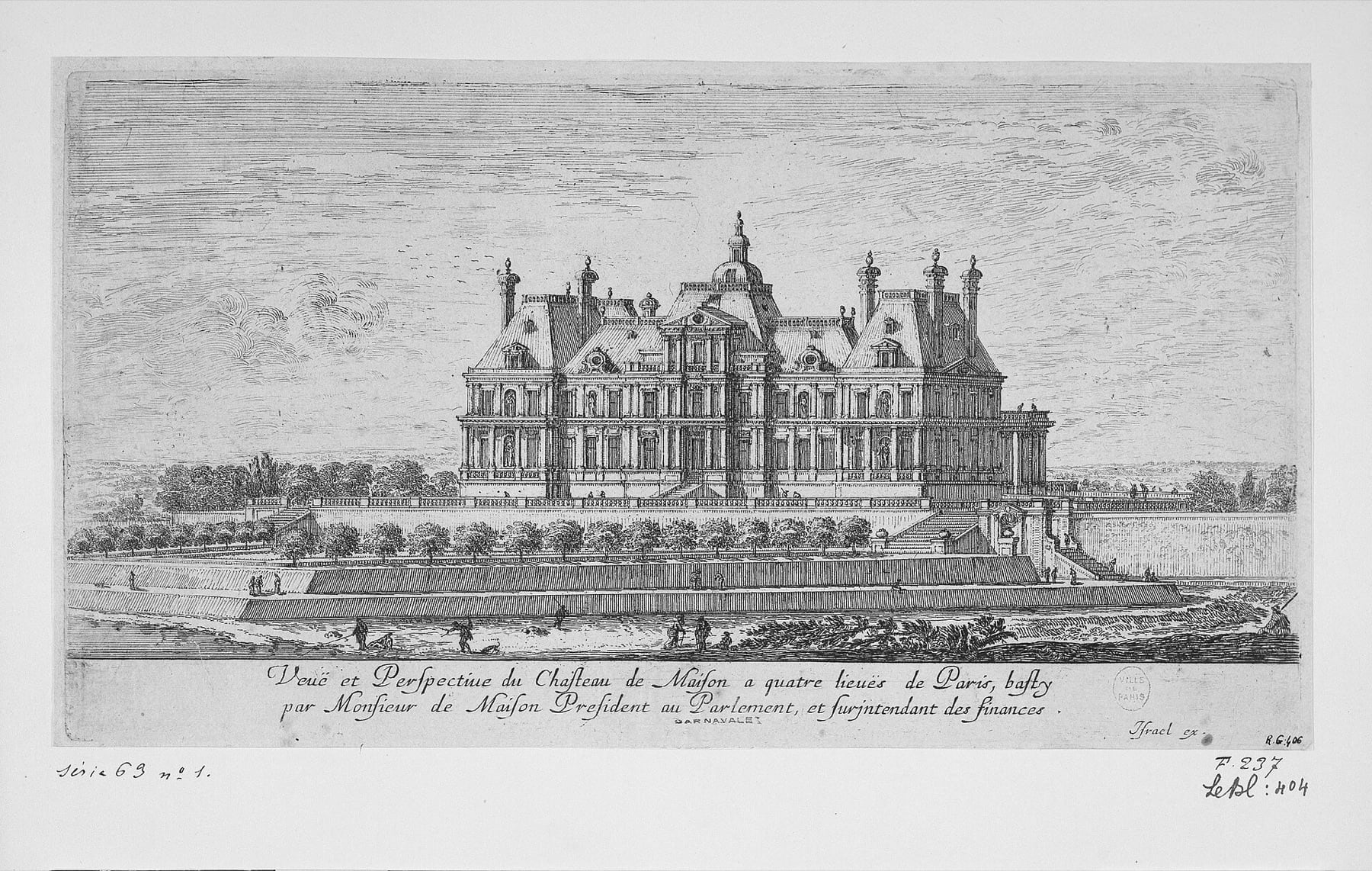 Gravure d’Israël Silvestre : vue et perspective du château de Maisons, bâti par François Mansart, hauts combles sur avant-corps et pavillons