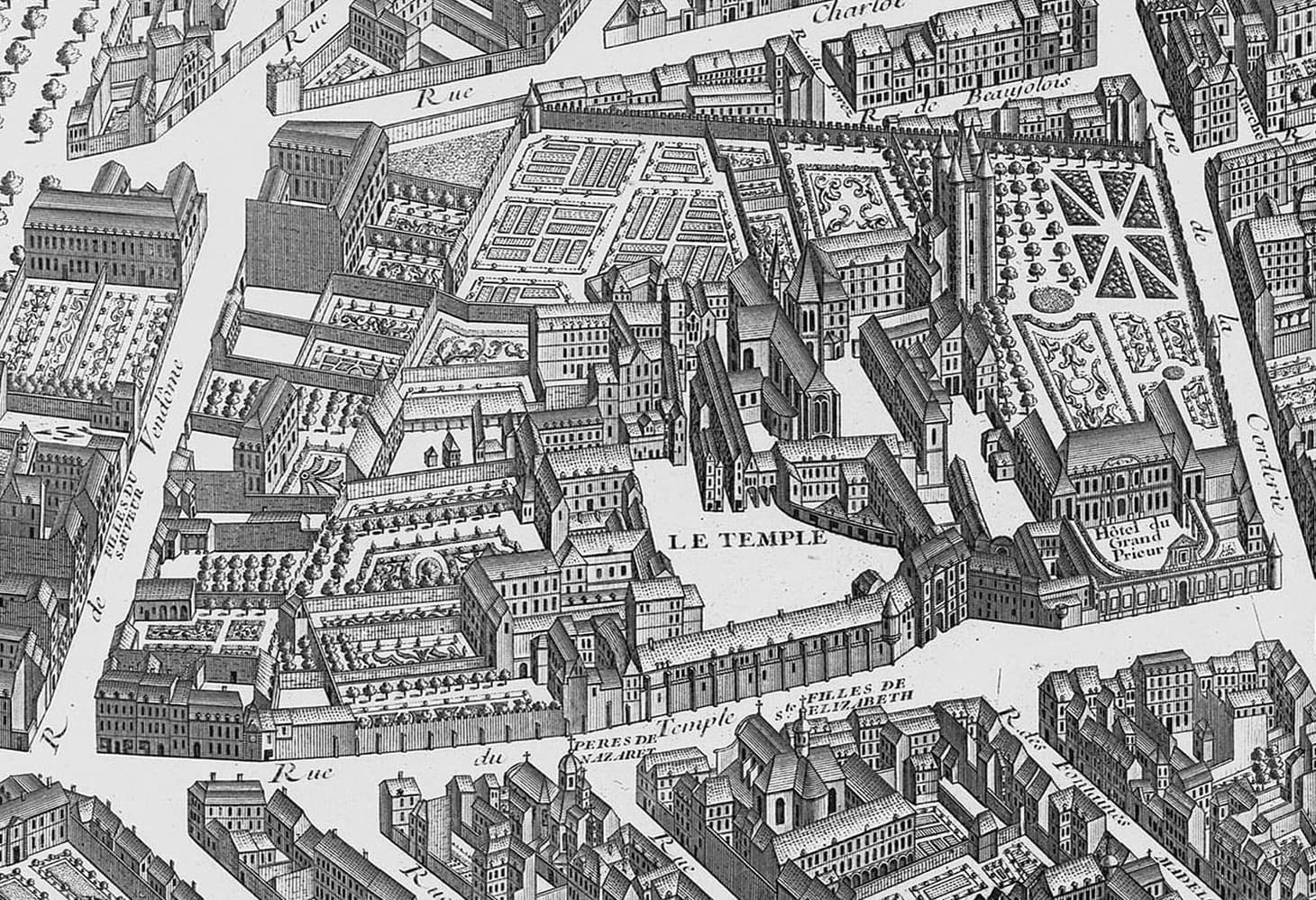 Gravure en vue cavalière d’un vaste quartier clos de murs au cœur d’une ville : jardins réguliers, hôtel particulier légendé « Hôtel du Grand Prieur », grosse tour médiévale à tourelles d’angle, églises et rues nommées autour, mention « LE TEMPLE » au centre