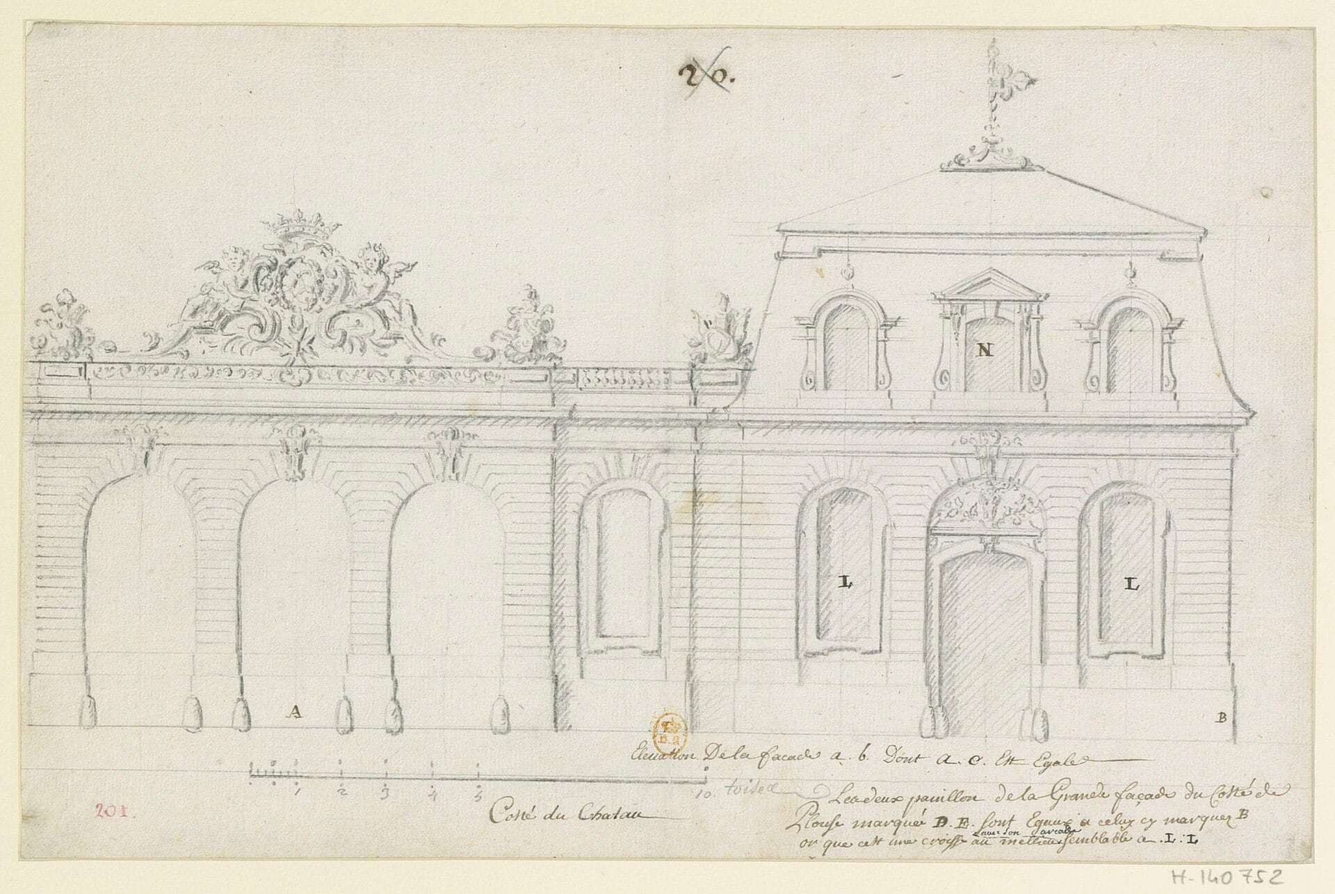 Dessin ancien à la plume : élévation de la façade du manège des écuries de Chantilly et de son pavillon, par l’architecte Jean Aubert.