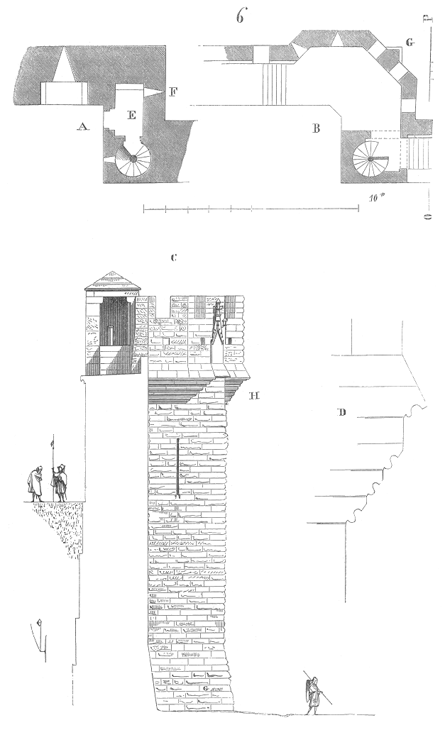 Gravure de Viollet-le-Duc : échauguette d’angle de la Cité de Carcassonne, guérite de pierre en encorbellement