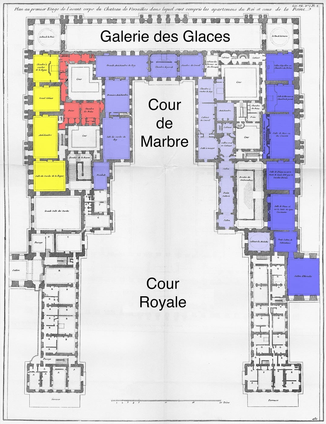 Plan gravé du premier étage de Versailles, appartements colorés : les pièces se succèdent en file et leurs portes s’alignent d’un bout à l’autre sur un même axe.