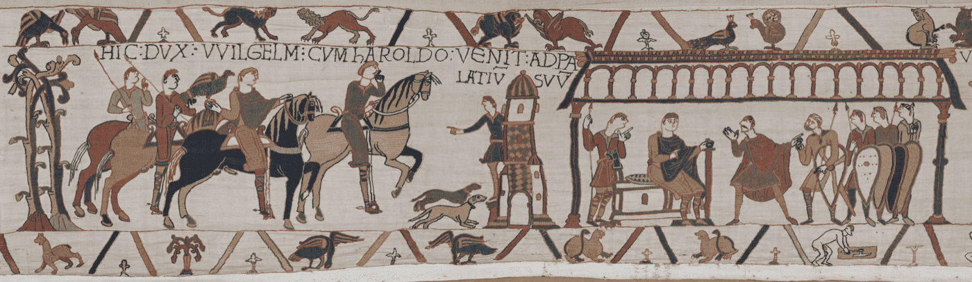 Détail de la tapisserie de Bayeux : édifices dont les toits sont couronnés d’ornements de faîte, ancêtres des épis.