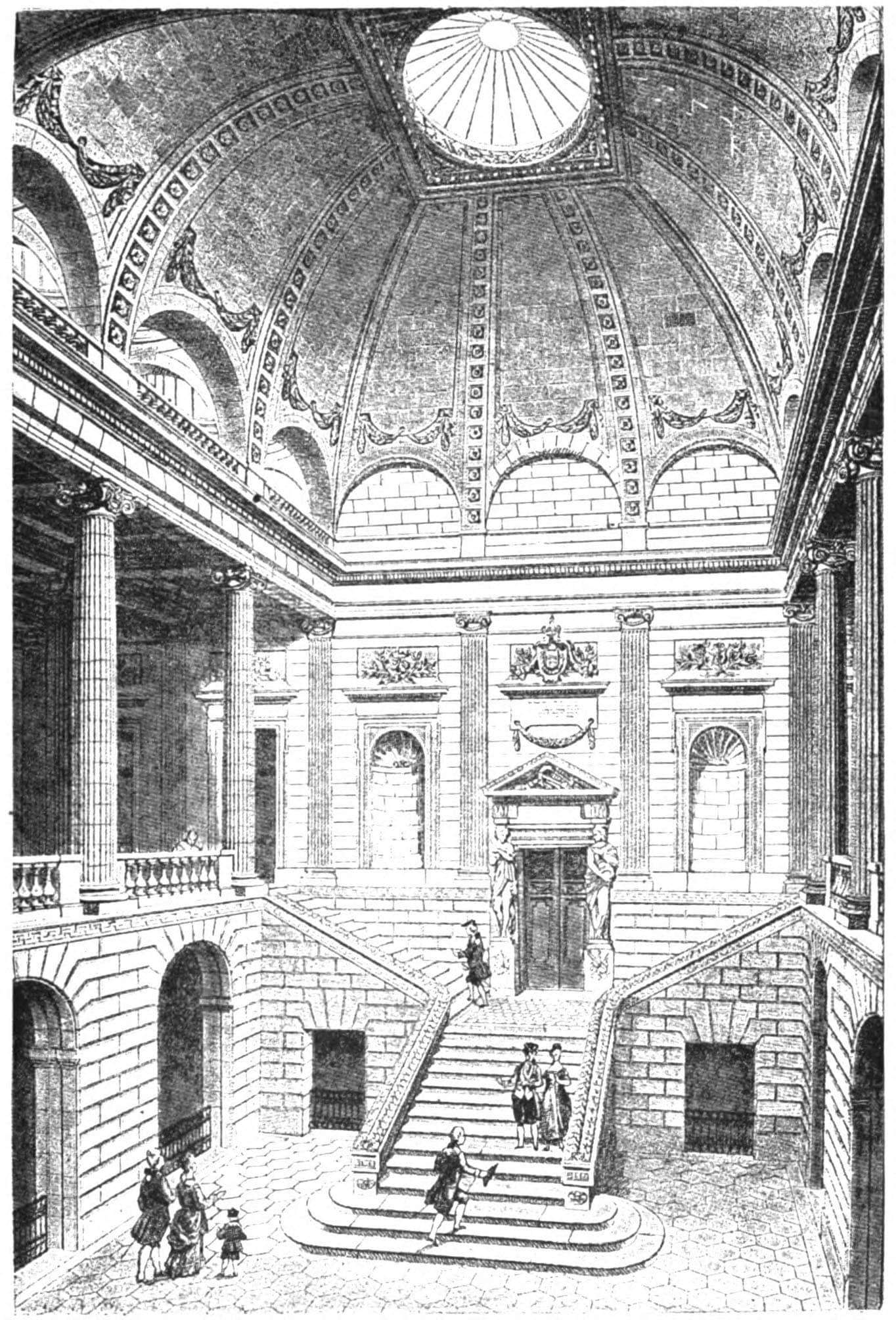 Vue ancienne du grand escalier du Grand-Théâtre de Bordeaux, œuvre de Victor Louis : double volée montant sous une voûte à colonnes, coiffée d’une coupole.