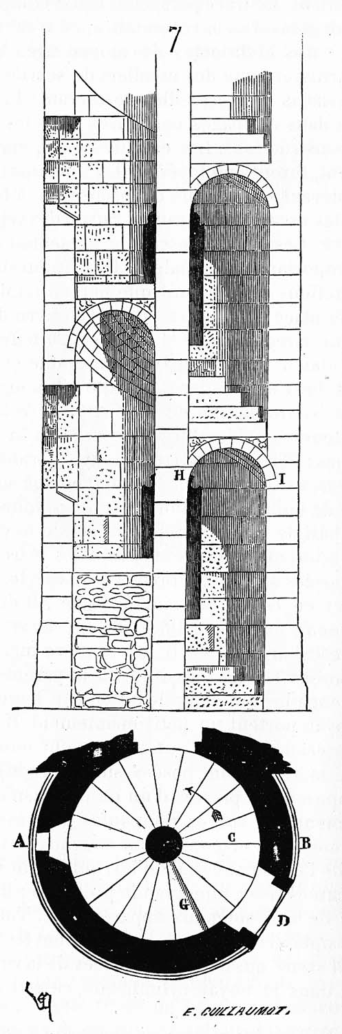 Coupe et plan gravés d’un escalier à vis logé dans une tour : la section montre les marches rayonnantes emboîtées autour du noyau, le plan en donne la spirale.