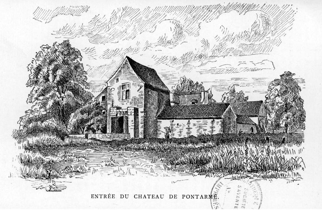 Gravure au trait montrant l’entrée d’un ensemble bâti en pierre : un corps de logis à haut pignon flanqué d’une tour-porche coiffée d’un toit conique, une aile plus basse à toit de tuiles, le tout dans un pré marécageux