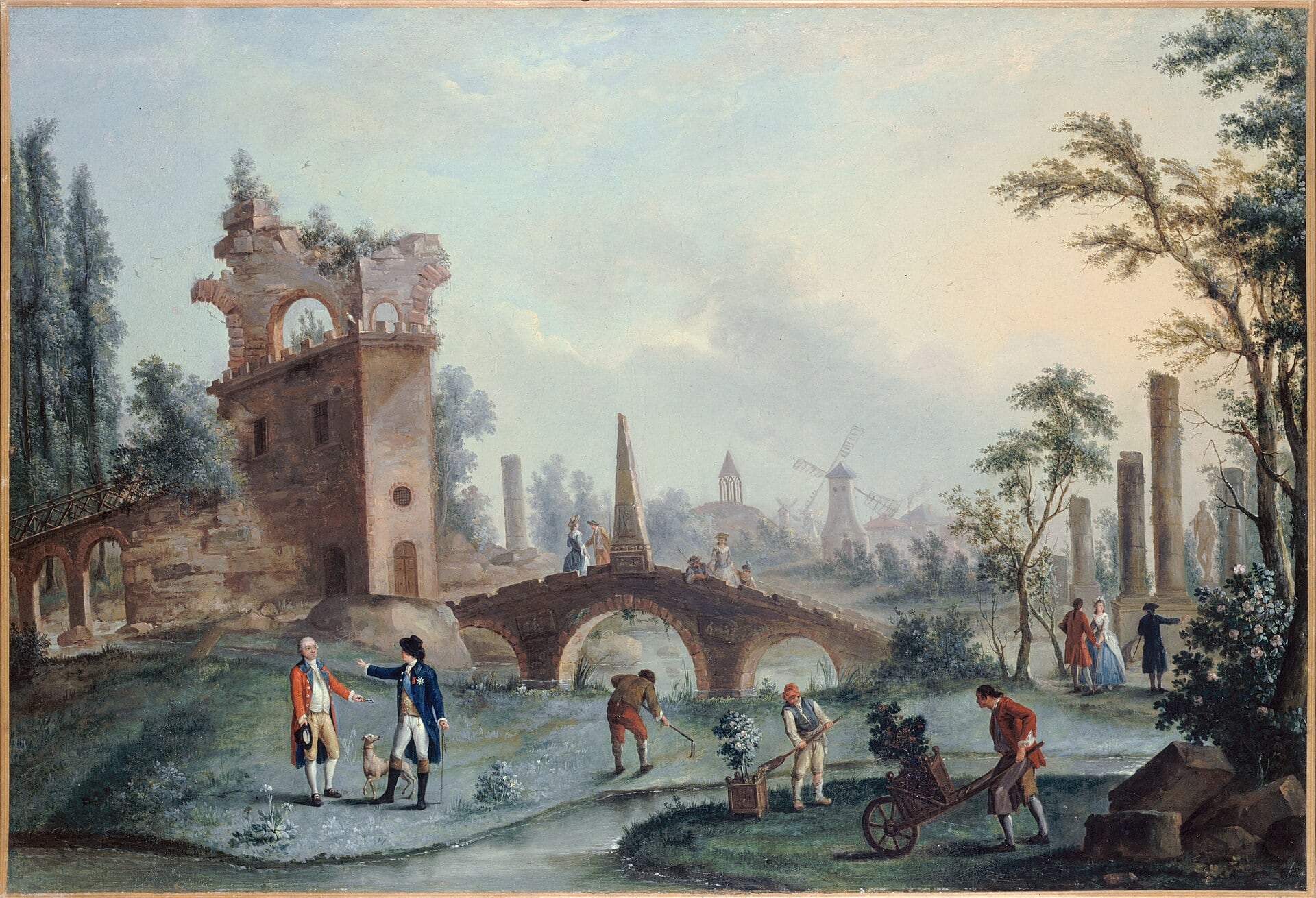 Gouache de Carmontelle représentant une scène des jardins de Monceau avec une ruine