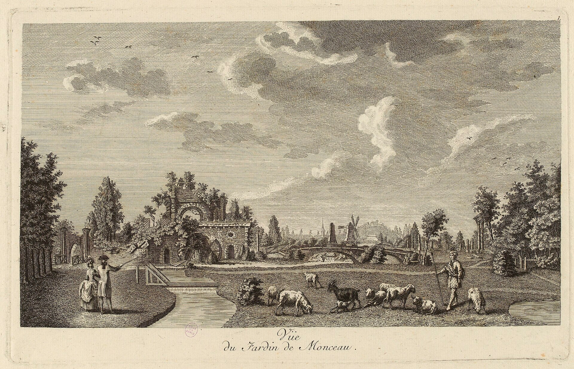 Gravure ancienne du jardin de Monceau, fabriques et troupeau au premier plan