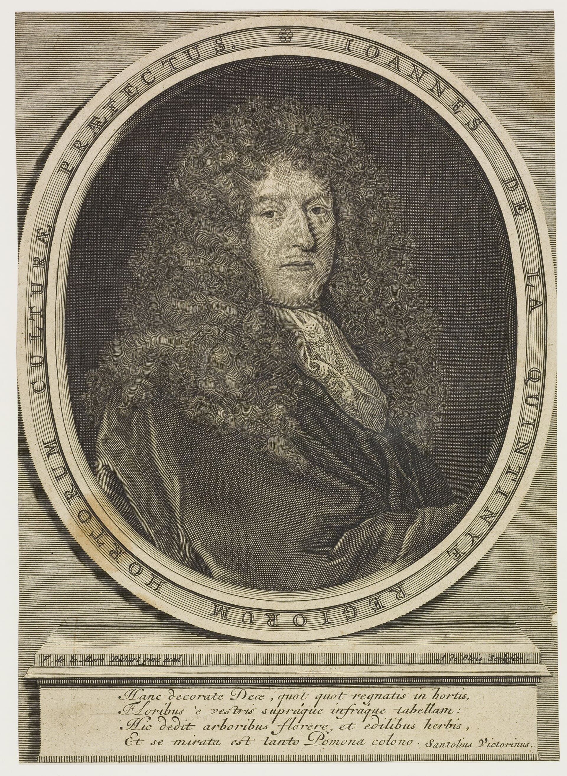 Portrait gravé de Jean-Baptiste de La Quintinie dans un médaillon ovale, inscription latine le disant directeur de la culture des jardins royaux.