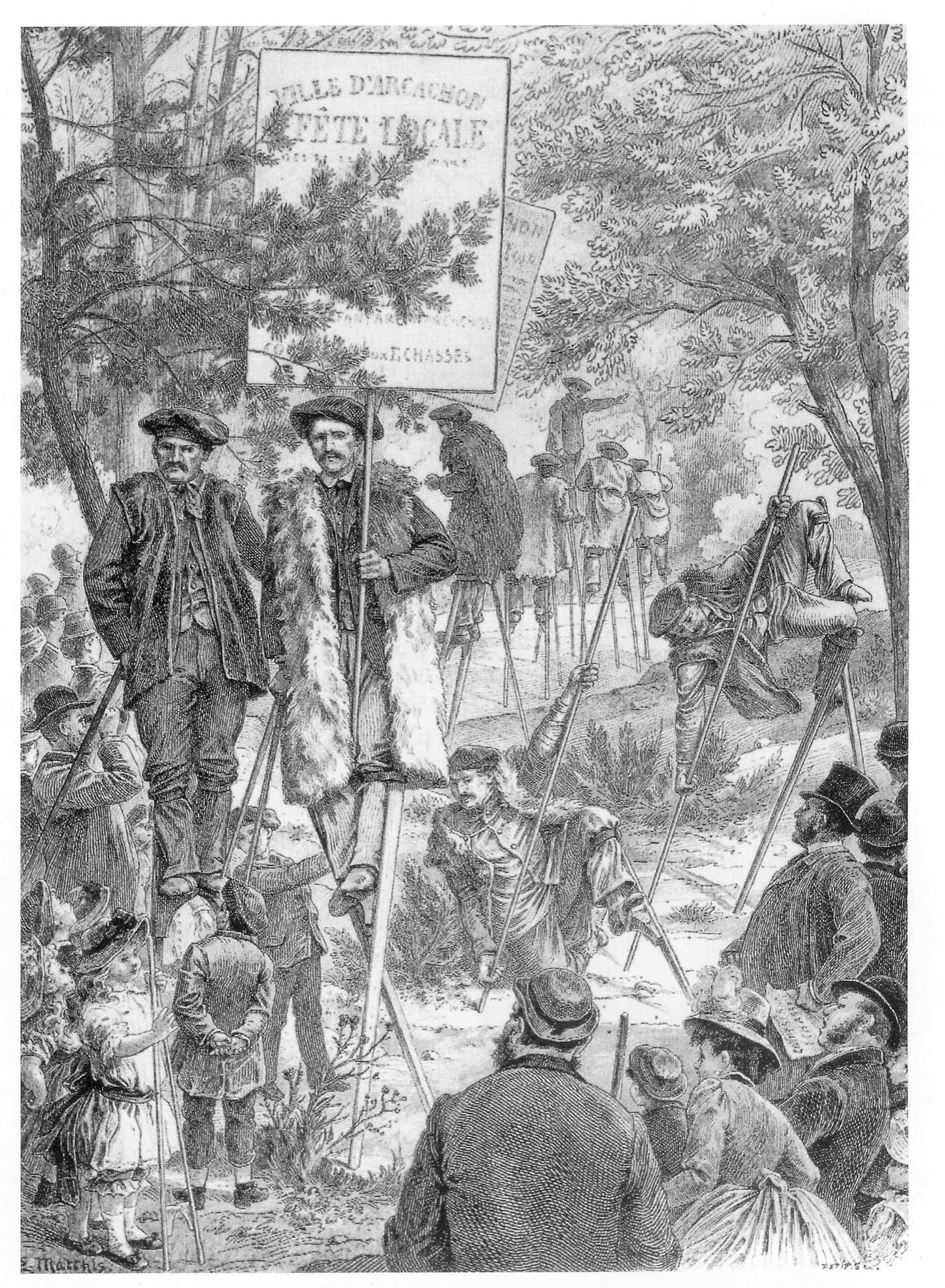 Gravure ancienne de bergers landais montés sur des échasses dans la lande rase