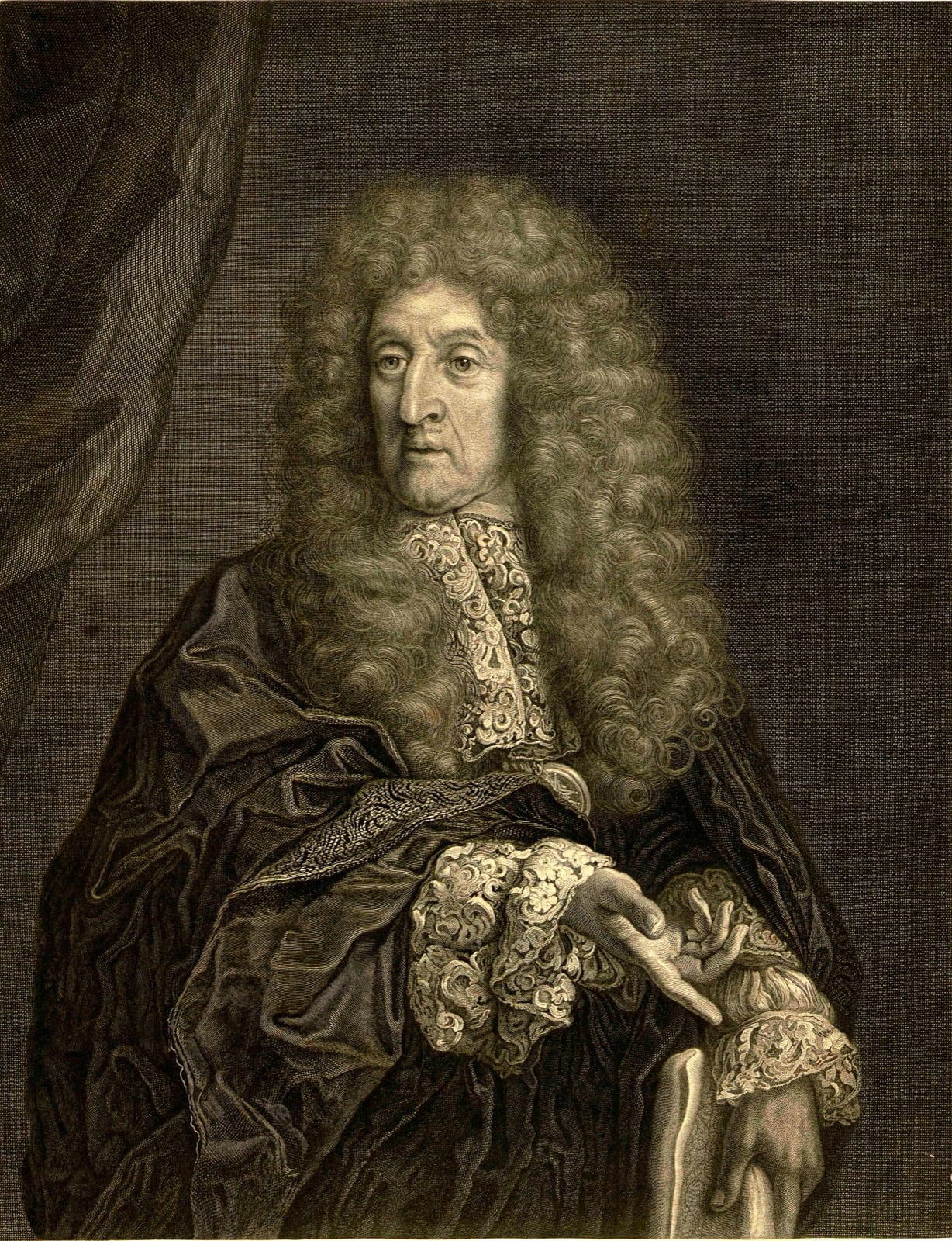 Portrait gravé d’André Le Nôtre en perruque et manteau d’apparat, la main appuyée sur une table.