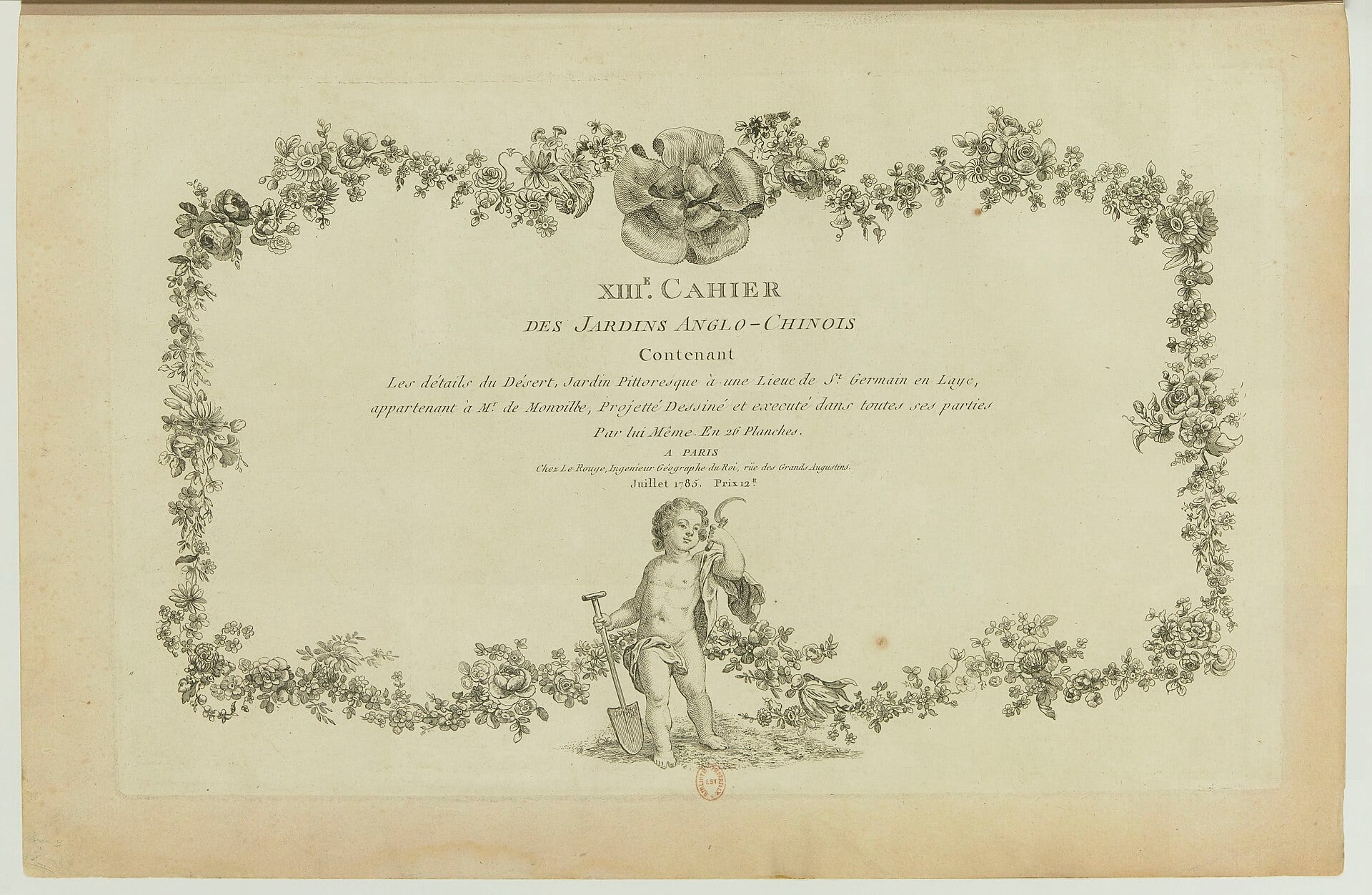 Page de titre ornée du treizième cahier des Jardins anglo-chinois de Le Rouge (1785), consacré au Désert de Retz.