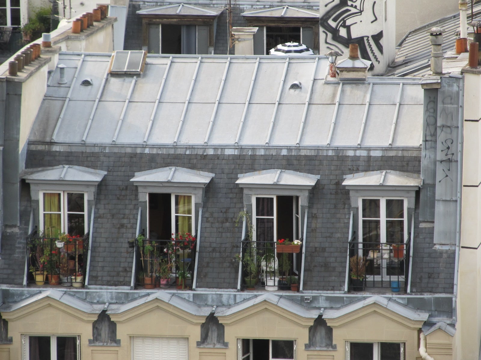Lucarnes alignées sur le brisis d’ardoise d’un toit parisien