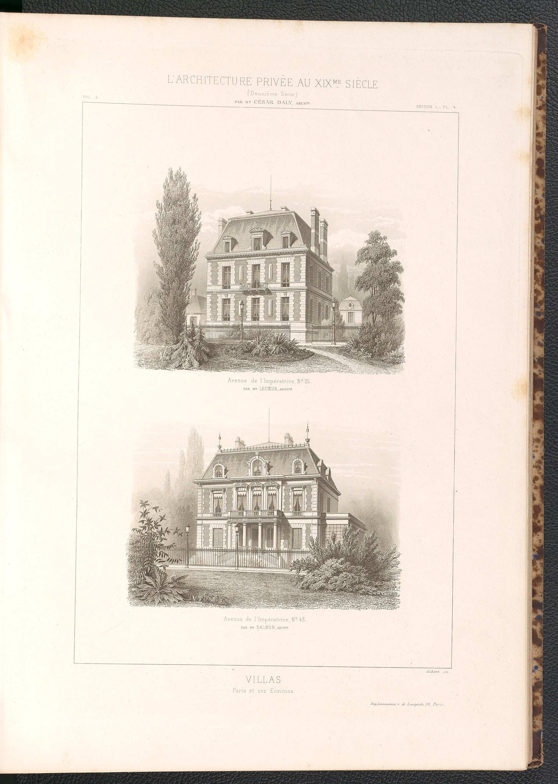 Planche gravée de deux villas bourgeoises du XIXᵉ siècle à Neuilly : façades symétriques, toits mansardés à lucarnes, perron, balcons de fer et grilles sur rue