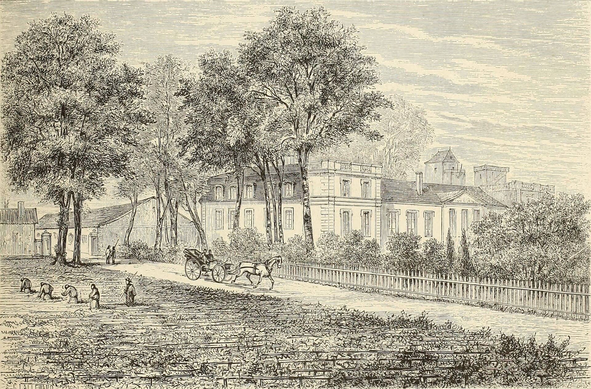 Gravure du XIXᵉ siècle : maison de maître à toit mansardé derrière un rideau d’arbres, longs communs à droite, vignes et vendangeurs au premier plan, calèche sur le chemin