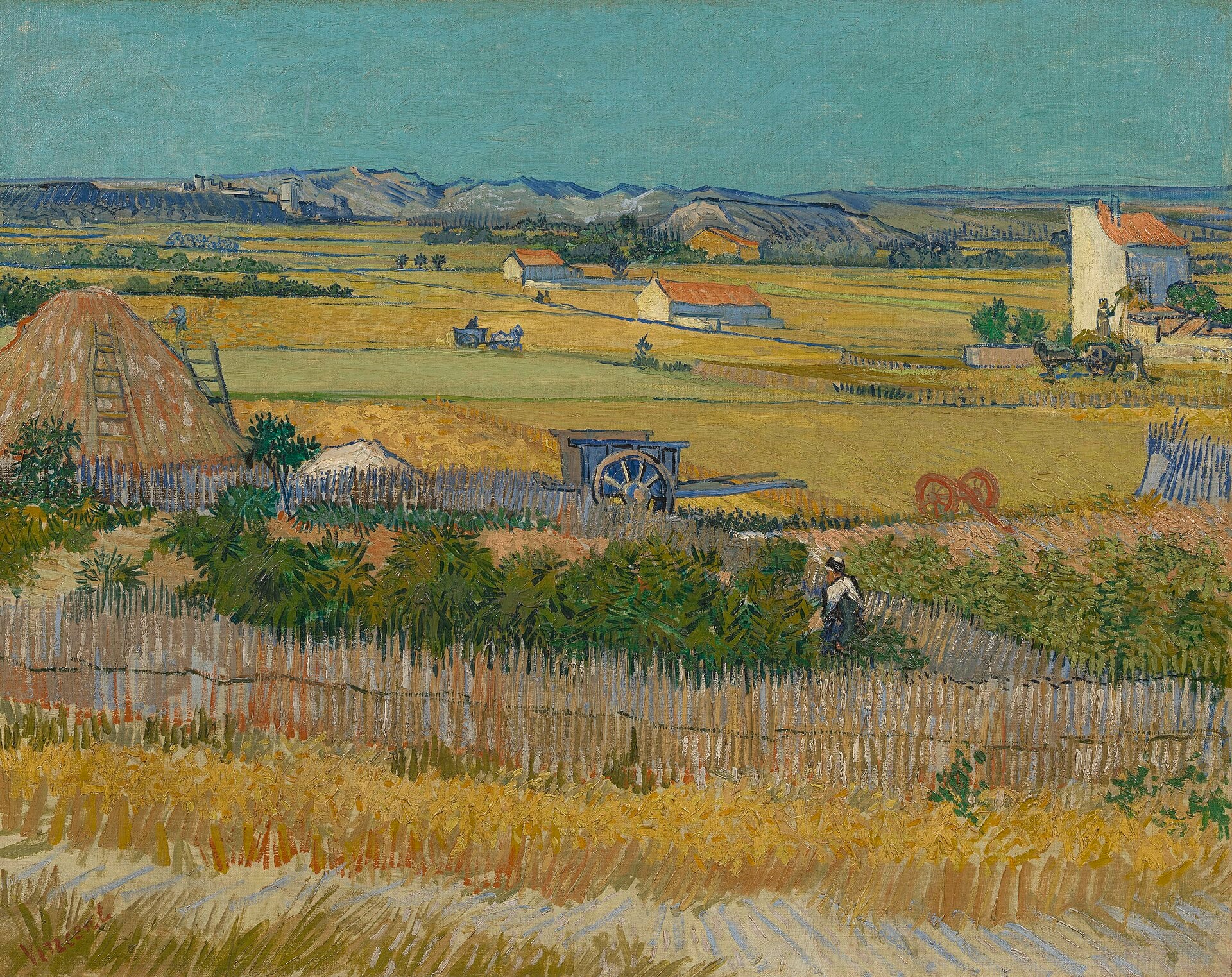 « La Moisson », tableau de Vincent van Gogh (1888) : la plaine de la Crau parsemée de mas