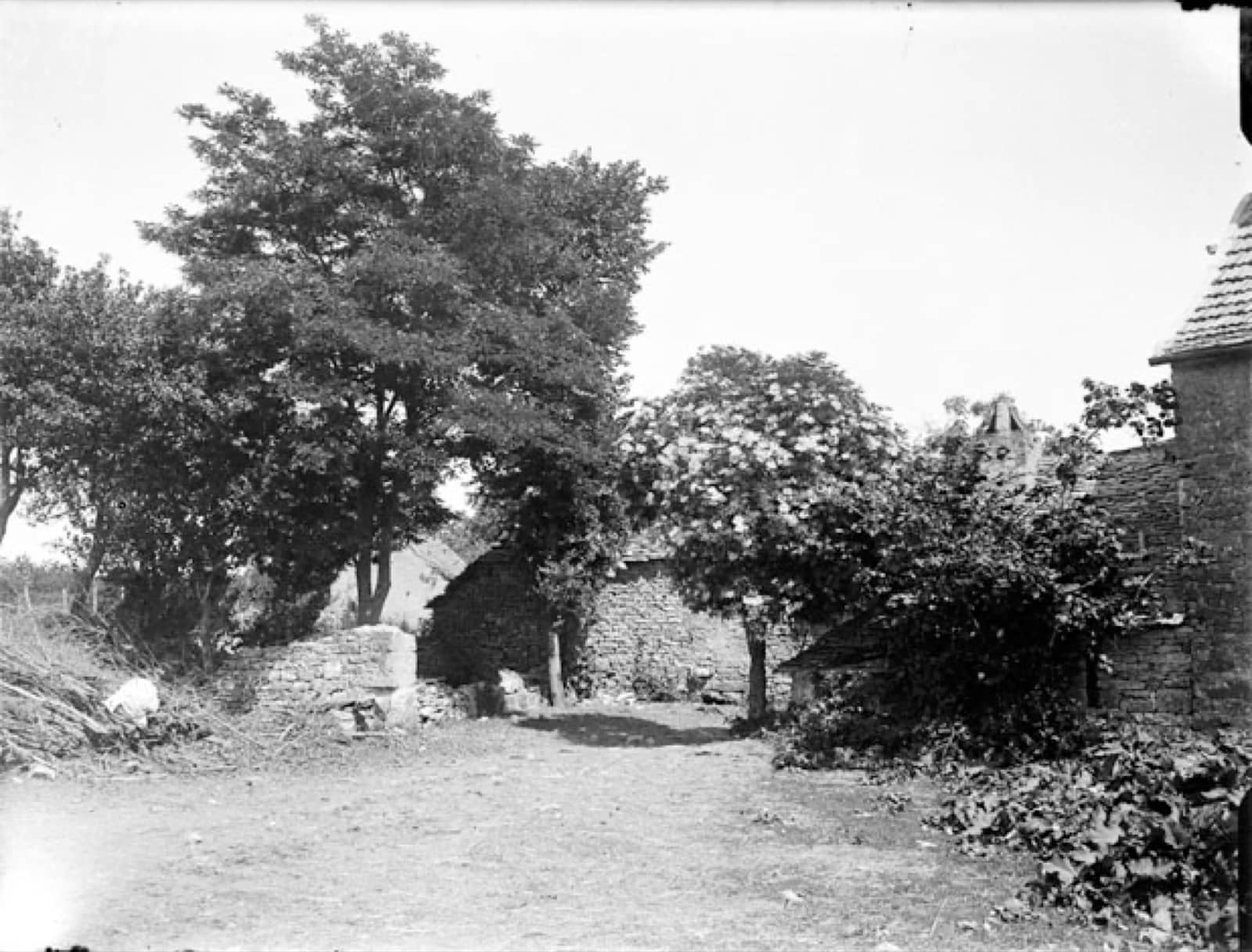 Photographie ancienne d’une cour de ferme : bâtiments bas en pierre, un mur d’enclos en pierre sèche au centre, une dépendance à toit de tuiles à droite avec une tourelle en arrière-plan, de grands arbres, un fagot de bois à gauche et un sol de terre battue au premier plan.