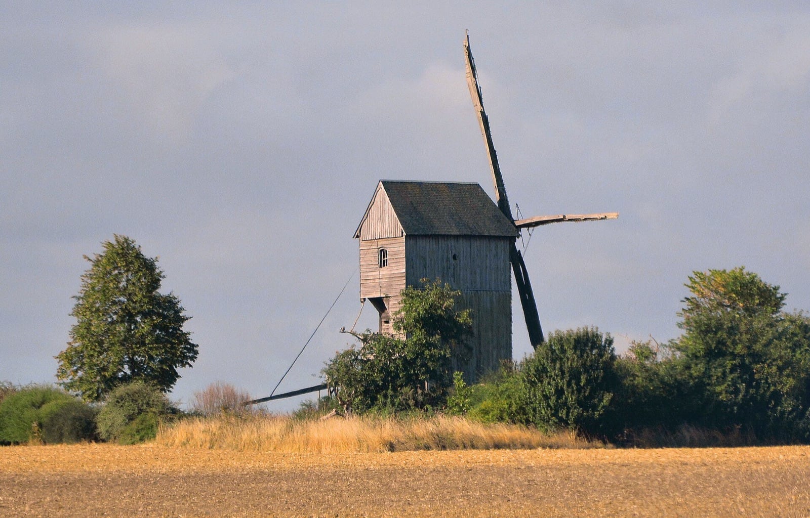 Moulin sur pivot : cage de bois bardée de planches grises, coiffée d’un toit à deux pentes, portant des ailes en châssis et prolongée au sol par une longue queue inclinée.
