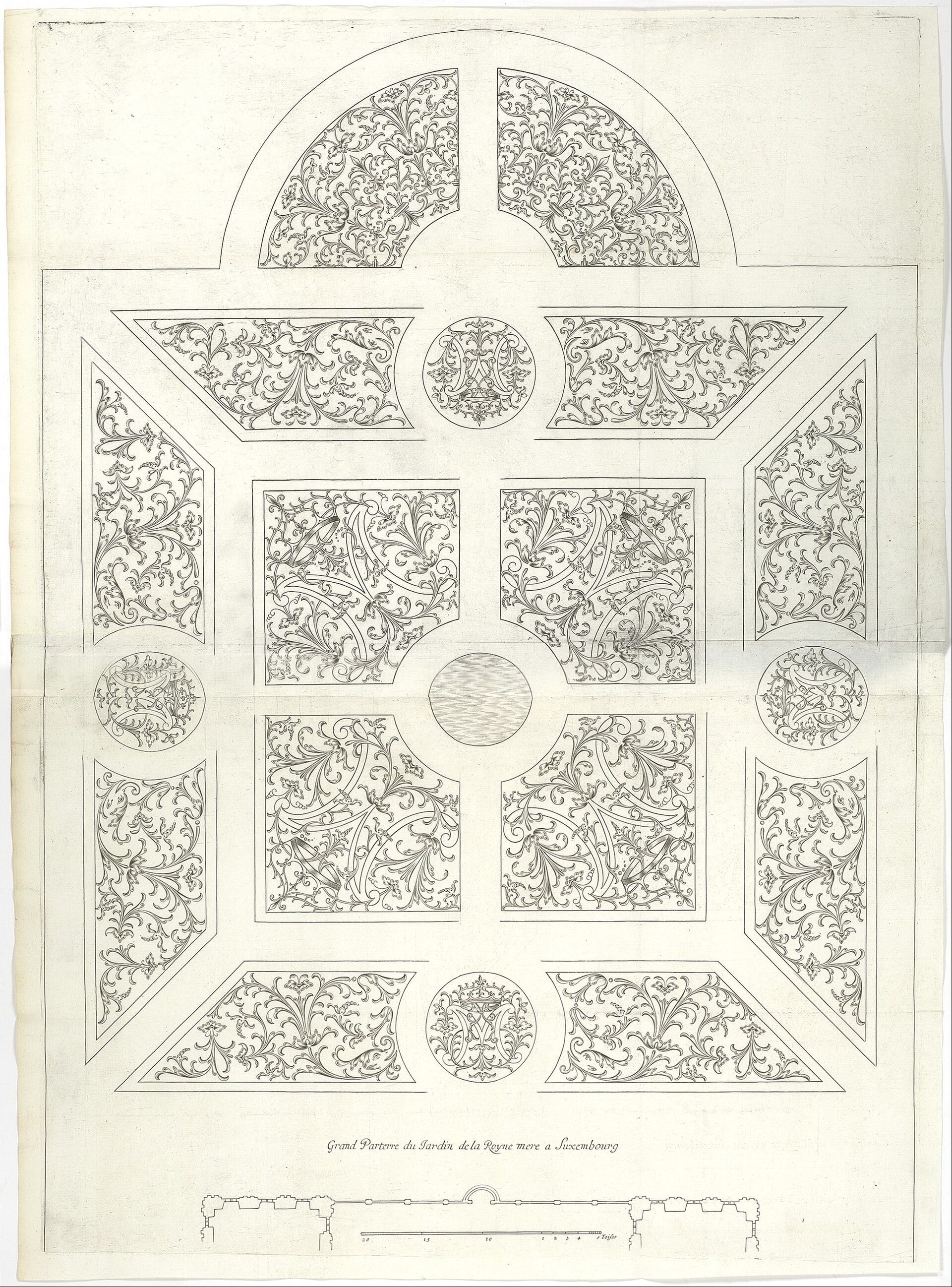Planche gravée « Grand Parterre du Jardin de la Royne mère à Luxembourg » du Traité du Jardinage de Jacques Boyceau (1638) : plan symétrique de compartiments de broderie en rinceaux, médaillons à monogrammes et échelle en toises.