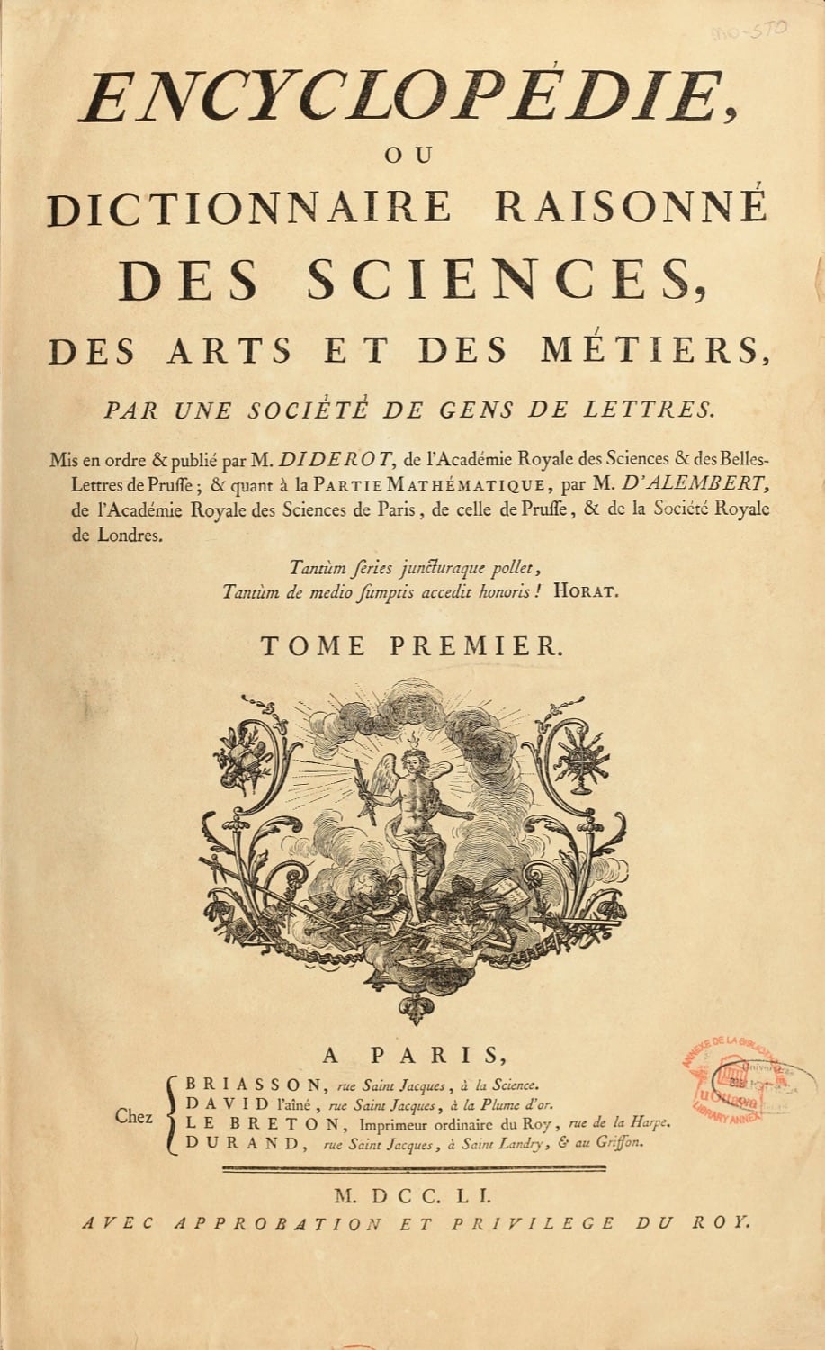 Frontispice de l’Encyclopédie de Diderot et d’Alembert, tome premier, 1751