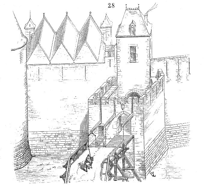Gravure de Viollet-le-Duc : plan et coupe d’un pont-levis à flèches défendant un ouvrage avancé