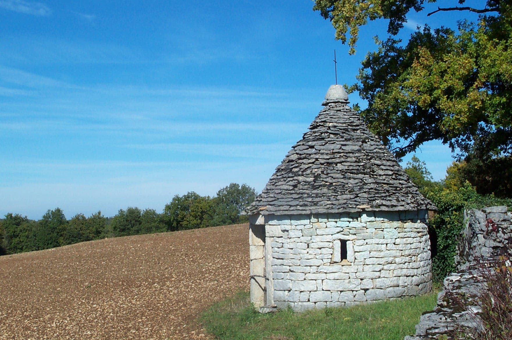 Cazelle en pierre sèche à toit conique dans un champ du causse