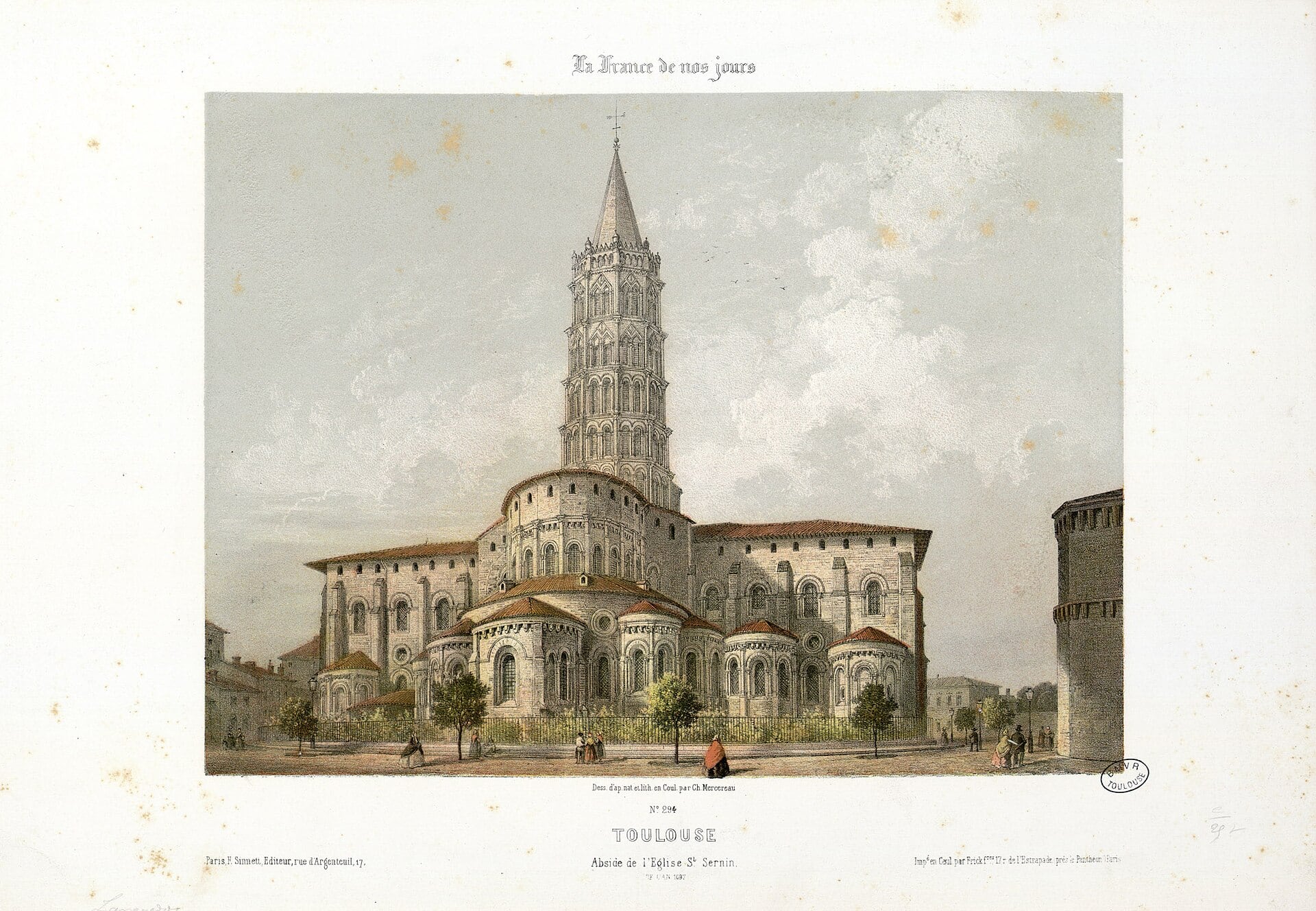 Lithographie coloriée du XIXᵉ siècle : le chevet de la basilique Saint-Sernin de Toulouse, étagement des absidioles à toits de tuile autour du déambulatoire, dominé par le haut clocher à étages d’arcatures
