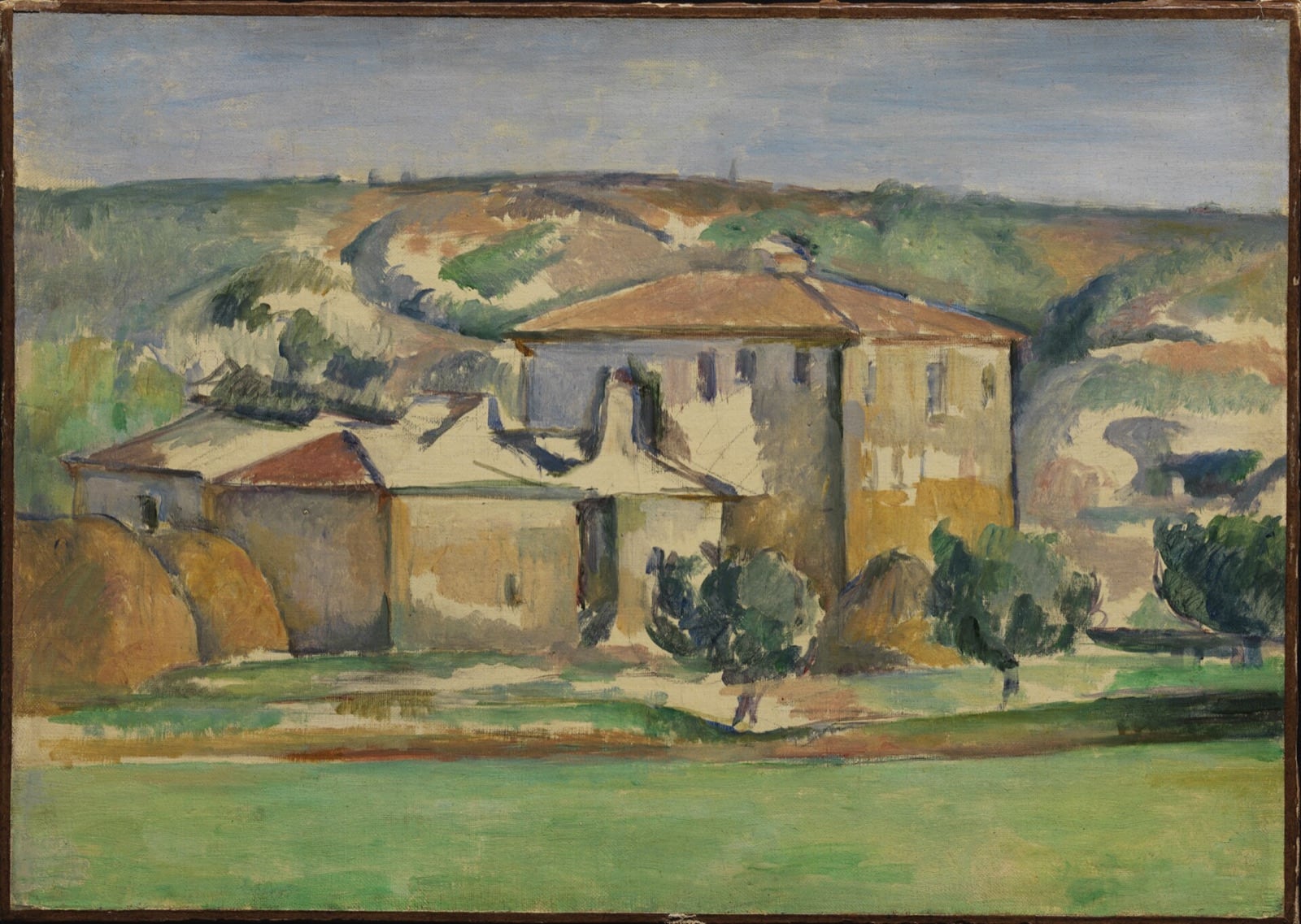 Bastide provençale aux toits de tuiles rousses dans la campagne d’Aix, peinture de Paul Cézanne